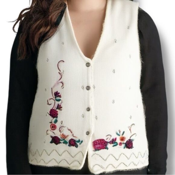 Vintage 90s Embroidered Printed Knit Sweater Vest Oatmeal Burgundy Dark Floral - Picture 2 of 12